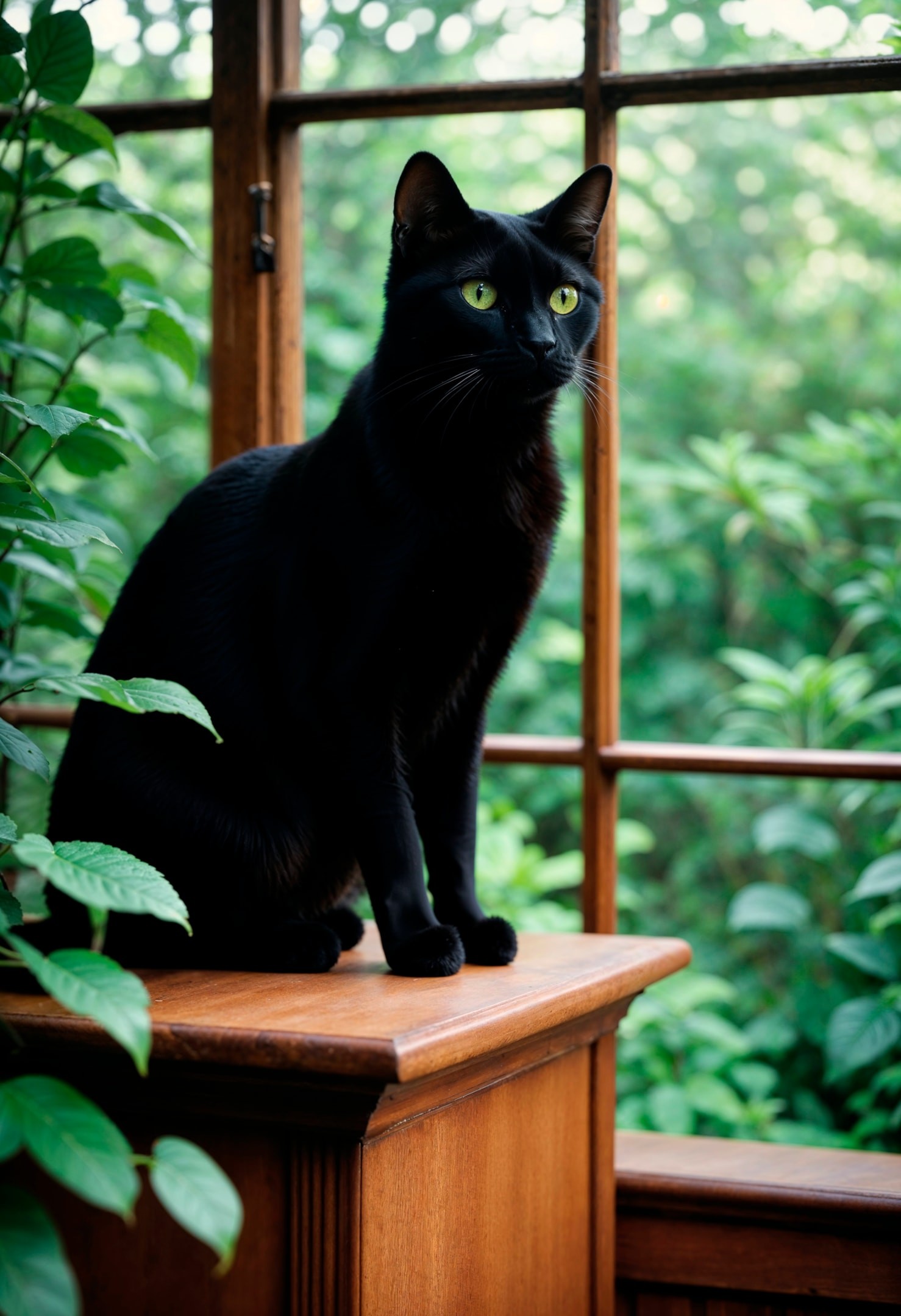 Schwarze Katze drinnen vor Fenster auf eckiger Säule, umgeben von grünen Blättern